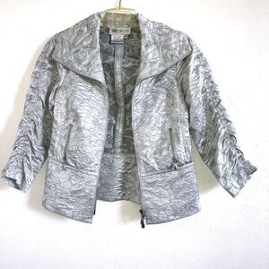 WORTH 2 Silver Ruched Brocade Zip Peplum Jacket Over-Top Shiny Neutral